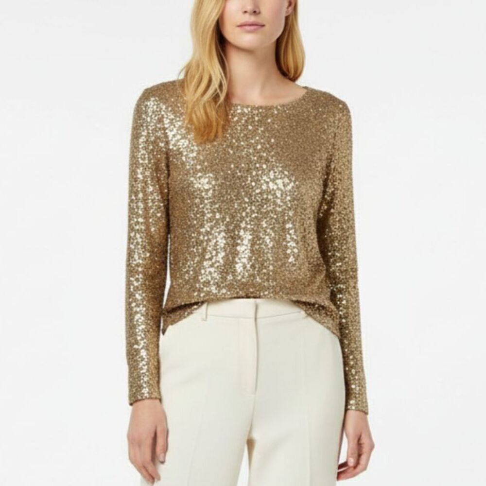 J Crew Women's Gold Sequins Embellished Long Sleeve Top XXS